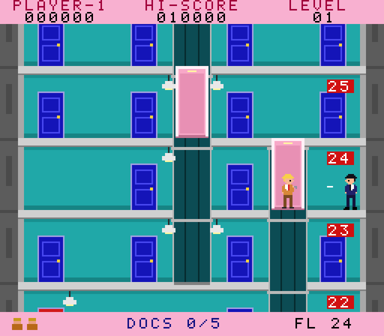 Otto riding an elevator between floors while enemy agents wait by the doors